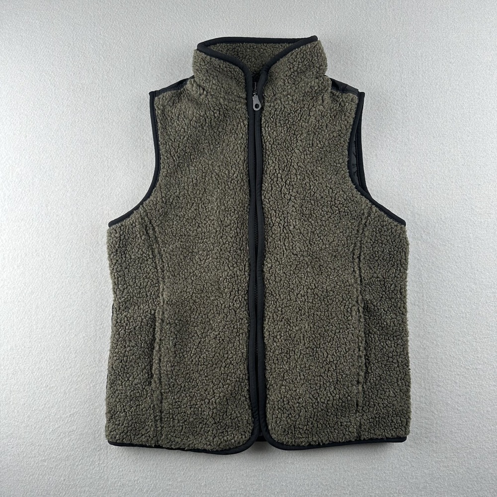 Banana Republic Sherpa Fleece Vest Womens Small Olive Green Black Full Zip Quilt